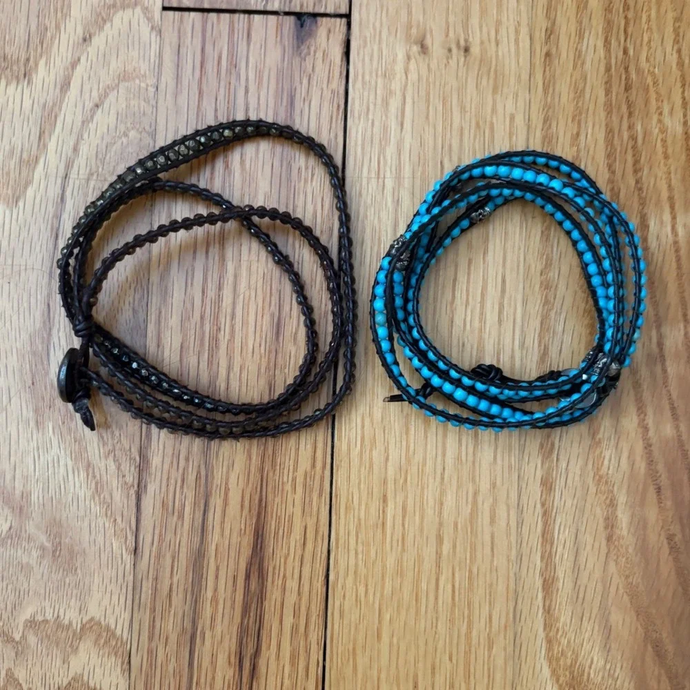 Leather Wrap Bracelet Set Turquoise Skull & Metallic Beads Boho 2pc